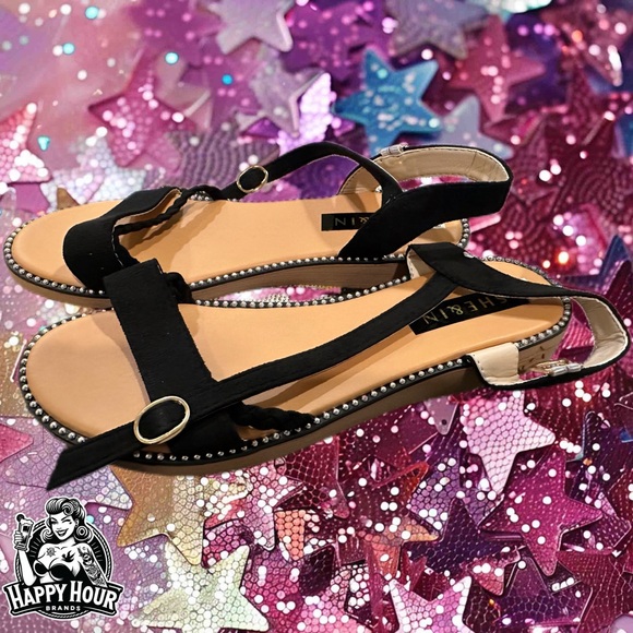 She&In Black Velvet Ankle Strap Sandals, Size 8 1/2 - Picture 2 of 6